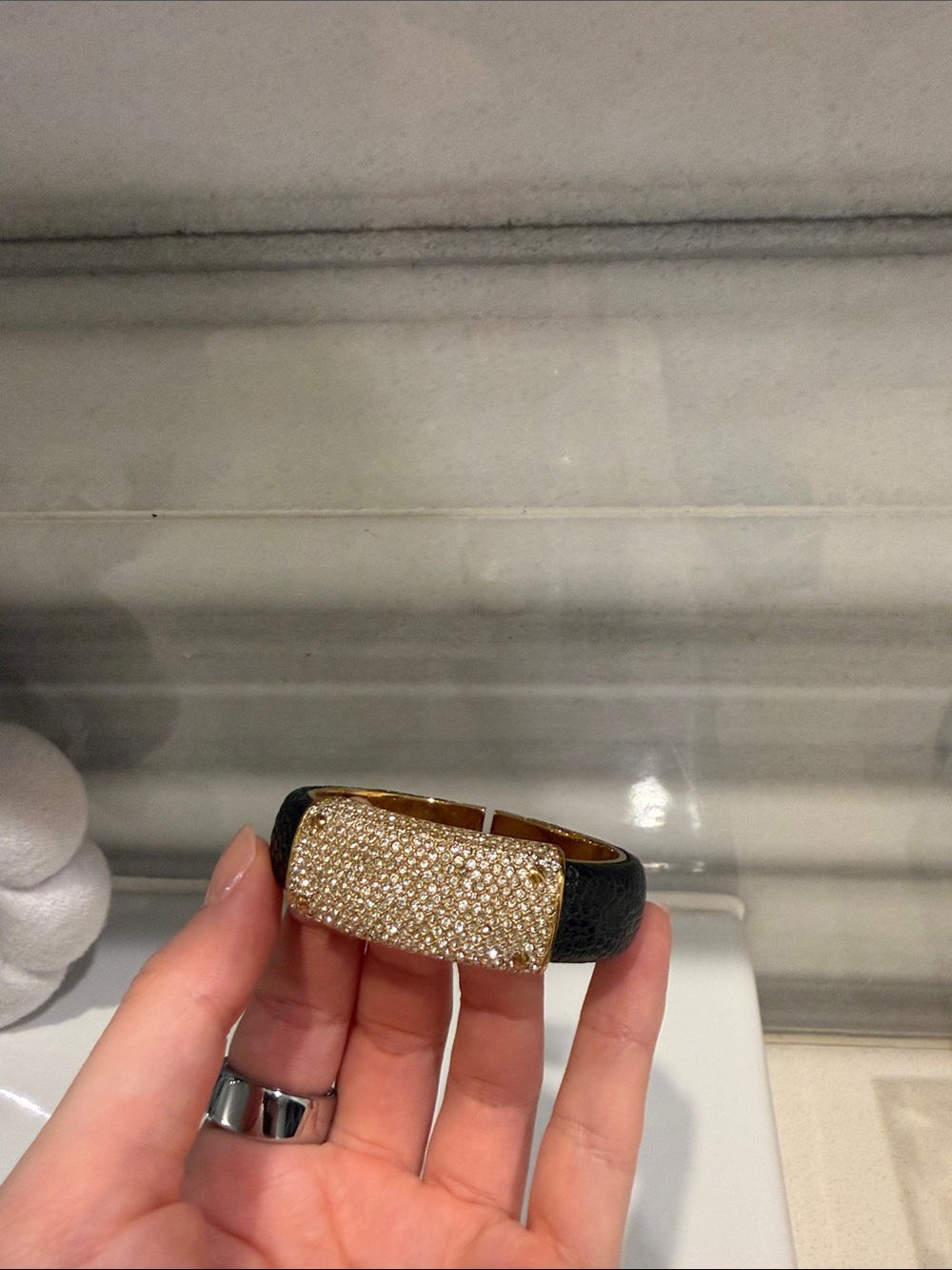 Pavé Crystal Black Leather Hinged Bangle
